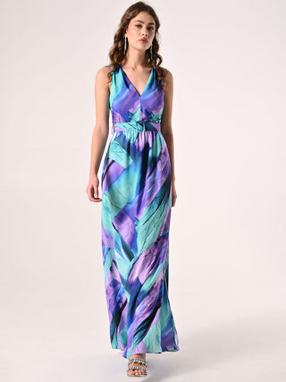Robe longue imprimé abstrait avec ceinture enduite