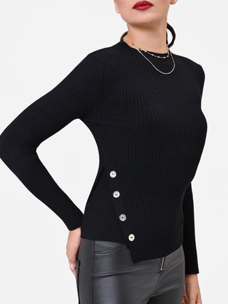 Pull asymétrique noir en viscose à boutons