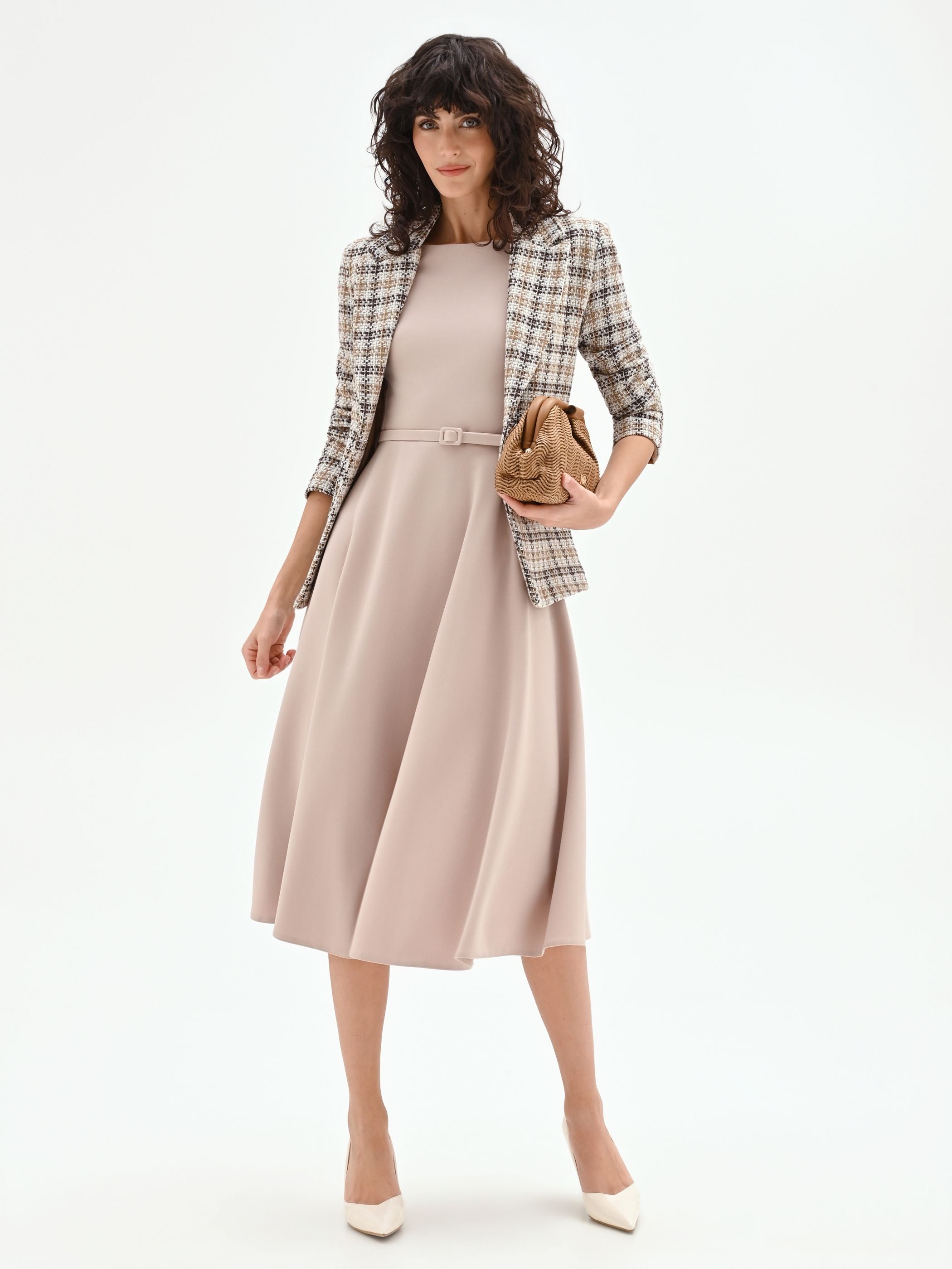 Taupe beige flared dress with a waist belt Rinascimento Taupe beige flared dress with a waist belt Rinascimento