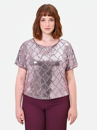 Blusa Curvy manica corta in paillettes rosa antico