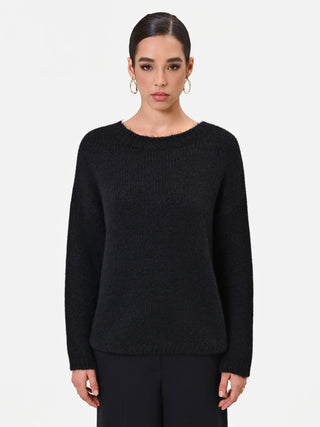Black Wool Sweater with Fringed Neckline