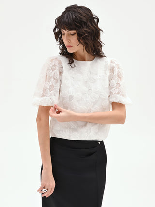 White Organza Blouse with Oversized Floral Appliqués