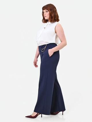Pantalone palazzo Curvy blu navy con catena