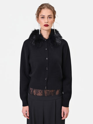 Cardigan in viscosa nero con collo effetto pelliccia