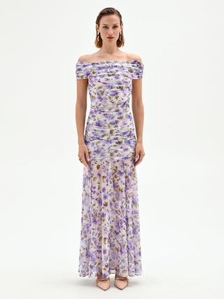Langes Kleid mit Blumenprint in Violett und Flieder