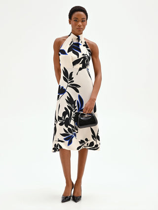 China Blue Printed Flowing Halter Dress Rinascimento China Blue Printed Flowing Halter Dress Rinascimento