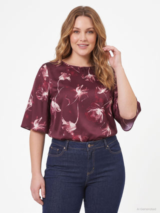 Burgundy Floral Print Curvy Blouse with Bell Sleeves