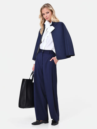 Navyblaue Palazzo-Hose mit Bundfalten aus Tech-Gewebe