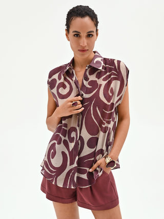 Brown Abstract Print Sleeveless Blouse