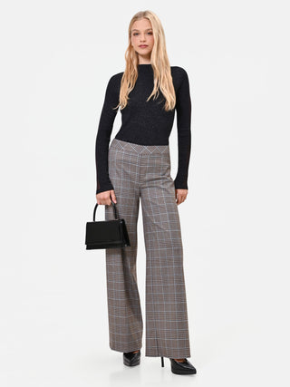 Dark Brown Check Polyviscose Wide-Leg Trousers