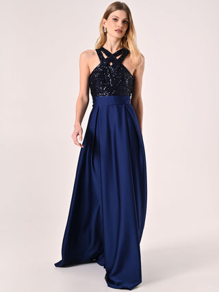 Robe longue en satin et paillettes