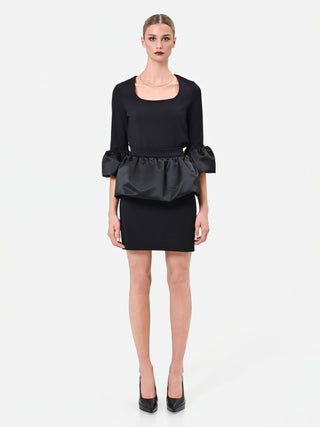 Black Viscose-Blend Blouse with Satin Ruffles