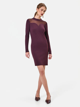 Burgundy Viscose Sheath Dress with Mesh Insert