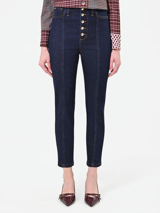 High-Waist Navy Button-Front Jeans