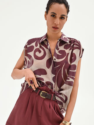 Brown Abstract Print Sleeveless Blouse