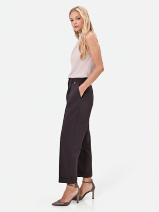 Dark Brown Straight-Leg Cuffed Trousers in Poly-Viscose