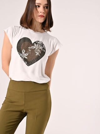 T-Shirt Bianca Cuore Strass