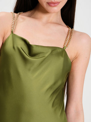 Moss Green Cowl-Neck Dress with Chain
