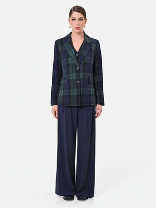Blue Tartan Viscose-Blend Single-Breasted Jacket