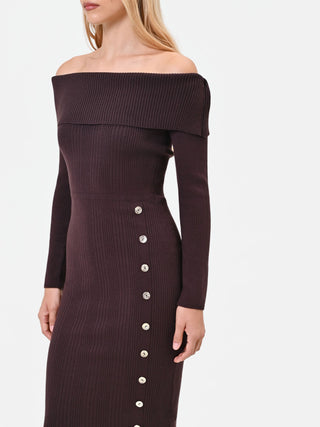 Dark Brown Viscose-Blend Midi Dress with Decorative Buttons