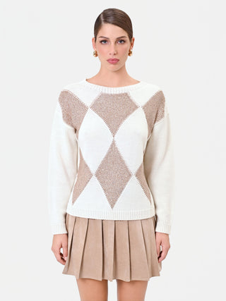 Cream White Diamond-Patterned Wool Sweater