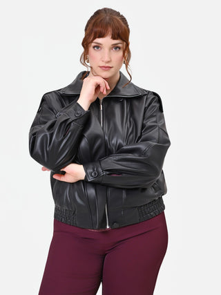 Curvy Black Faux Leather Jacket with Asymmetric Closure
