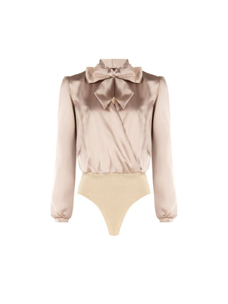 Beige Taupe Satin Blouse with Sash