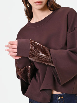 Brown Sweatshirt with Double Sequin Sleeves
