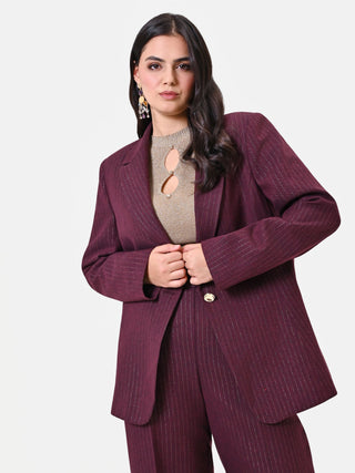 Curvy Single-Breasted Burgundy Pinstripe Viscose-Blend Jacket