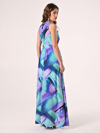 Robe longue imprimé abstrait avec ceinture enduite