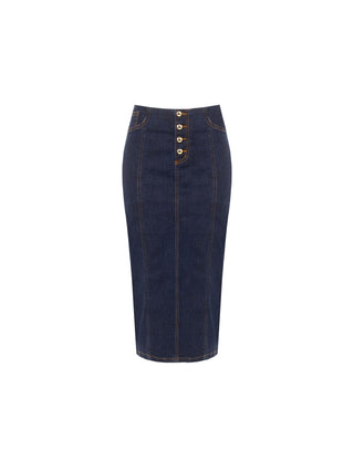 Gonna tubino blu navy in denim con bottoni dorati