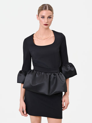 Black Viscose-Blend Blouse with Satin Ruffles
