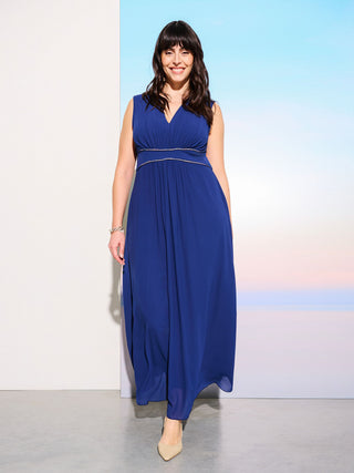 Abito Blu Curvy Lungo con Piping Strass