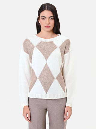 Maglia in lana bianco panna con motivo a rombi