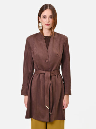 Trench marrone effetto scamosciato con cintura