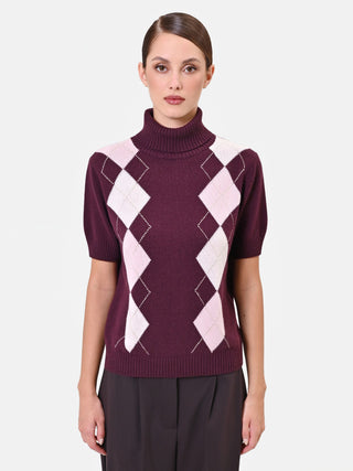 Pull col roulé en viscose bordeaux à motif losanges