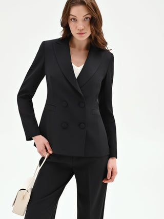 Giacca doppiopetto nera con revers a lancia