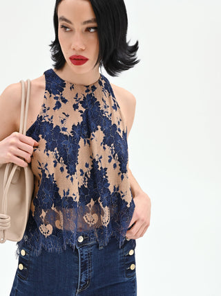 Blue two-tone macramé lace top