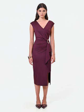Robe fourreau midi bordeaux en jersey brillant
