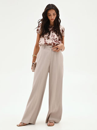 Pressed-Crease Taupe Palazzo Trousers