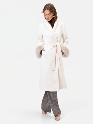 Manteau peignoir crème avec poignets effet fourrure