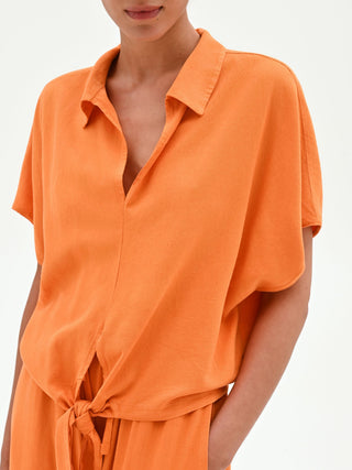 Leinenbluse mit Knoten in Orange