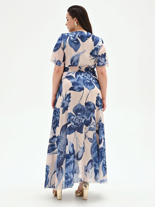 Abito lungo Curvy blu brillante con stampa floreale