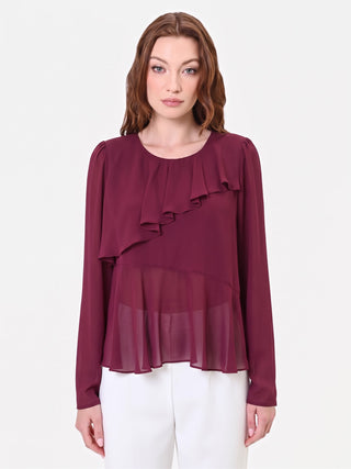 Blusa bordeaux con volant asimmetrico