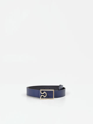Navy Blue Leather Belt with Gold Geometric Buckle
