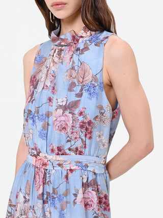 Robe courte fleurie bleu ciel à volants
