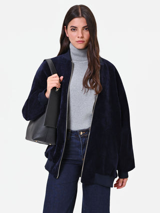 Bomber oversize in velluto blu navy
