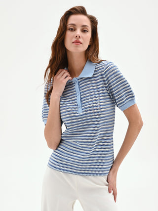 Striped Light Blue Knit Polo Shirt