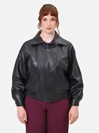 Curvy Black Faux Leather Jacket with Asymmetric Closure