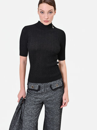 Black Ribbed Top with Decorative Buttons